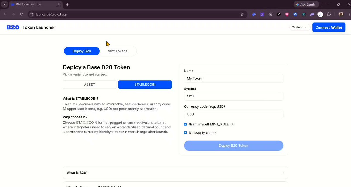 "Deploy a one click B20 token launcher from your wallet, without needing to create an app, generate private keys or write code. A one-click deployment offers instant access to asset balance and asset management functionalities within seconds. Deploying a B20 token is as simple as entering a few details, such as the name of the assets you want to deploy and their address (asset or stable coin). The launcher will then deploy the tokens at the specified time from your wallet, and once deployed, it grants you access to asset management features like balance, transactions, and more. Additionally, it sets a limit on how many transactions can occur simultaneously at the deploy time. To use this service, please visit our website: www.base-launcher.vercel.app". Focus on what is in the image and how it relates to the post."