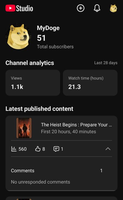 ids/mydogge51 is the channel name, with a total of 51 subscribers and 1,1k views.