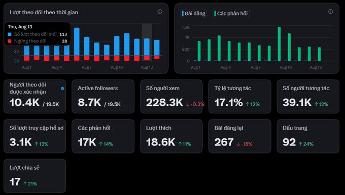 A social media analytics dashboard in Vietnamese showing metrics like 'Người theo dõi được xác nhận' (10.4K), 'Active followers' (8.7K), 'Số người xem' (228.3K), and engagement rate (17.1%), along with charts tracking 'Lượt theo dõi theo thời gian' and 'Bài đăng' over time in August.