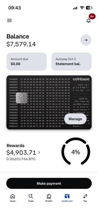 A mobile app screenshot for a Coinbase credit card shows a balance of $7,579.14, rewards of $4,903.71 (0.06201766 BTC), and a 4% reward rate.