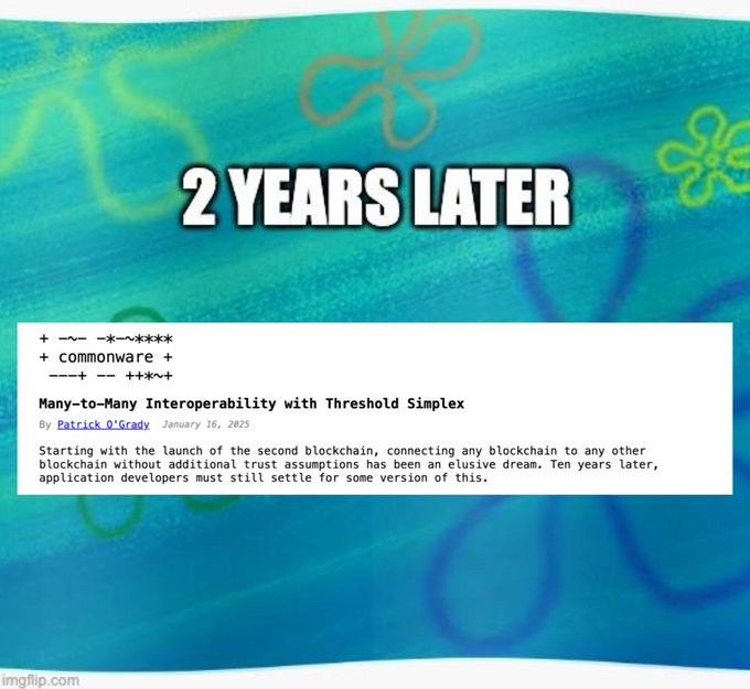 A SpongeBob '2 YEARS LATER' meme featuring an article titled 'Many-to-Many Interoperability with Threshold Simplex' by Patrick O'Grady dated January 16, 2025.