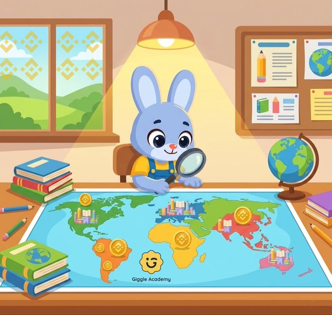 A cartoon rabbit wearing a yellow shirt and blue overalls examines a world map with a magnifying glass in a brightly lit classroom filled with books, pencils, and a globe, with 'Giggle Academy' written below.
