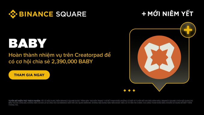 A Binance Square Vietnamese promotional graphic for a new BABY token listing invites users to complete tasks on Creatorpad to share in 2,390,000 BABY tokens.
