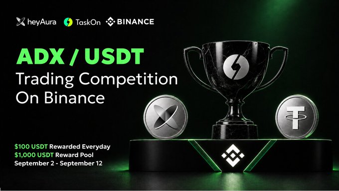 A sleek promotional graphic for an ADX/USDT trading contest on Binance hosted by heyAura and TaskOn, featuring a championship trophy flanked by ADX and USDT coins, with "$100 USDT Rewarded Everyday," a "$1,000 USDT Reward Pool," running September 2–September 12—visually capturing the competitive, "let's go!" spirit of the crypto trading event.