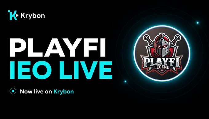 A promotional banner for Krybon announces that the "PLAYFI IEO LIVE" is now live on the platform, featuring the PLAYFI Legend logo with a knight helmet design, aligning with the announcement that the PLAYFI pre-launch ends in 7 days.