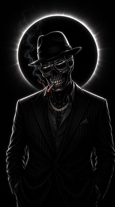 Stylized black-and-white artwork of a skeletal figure in a pinstripe suit and fedora, smoking a cigarette, backlit by a glowing circular halo.