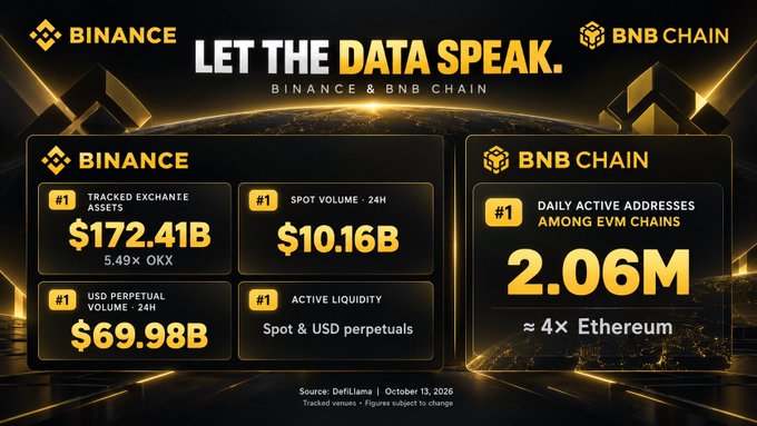 An infographic titled 'BINANCE & BNB CHAIN - LET THE DATA SPEAK' displays statistics including $172.41B tracked exchange assets, $10.16B spot volume, $69.98B USD perpetual volume, and 2.06M daily active addresses, sourced from DeFiLlama on October 13, 2026.