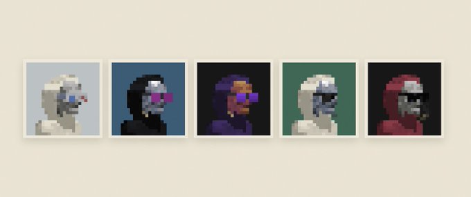 Five pixel-art hooded figures with clown-like masks are displayed in individual frames against varied backgrounds. The post celebrates sweeping (purchasing all available) five Alpha Centauri Kid "Hooded Argonauts" NFTs, referring to their lineup as prized additions to a personal vault.