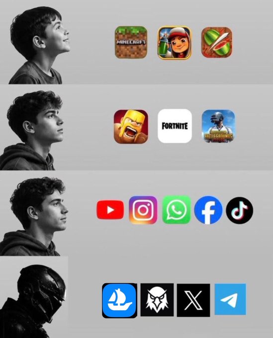 Black and white photo collage of a young man looking at various app icons, organized in tiers: games (Minecraft, Subway Surfers, Fruit Ninja), (Clash Royale, Fortnite, PUBG), social media (YouTube, Instagram, WhatsApp, Facebook, TikTok), and other apps including X (formerly Twitter).