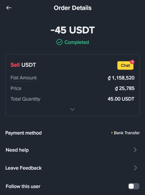 A 'Order Details' screen showing a completed transaction of -45 USDT for selling USDT at ₫25,785 per unit, totaling ₫1,158,520 via Bank Transfer.