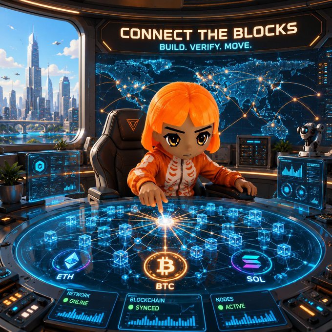 An anime-style illustration showing a red-haired character at a futuristic command console with the header 'CONNECT THE BLOCKS - BUILD. VERIFY. MOVE.' displaying blockchain nodes, cryptocurrency logos (ETH, BTC, SOL), and network status indicators.