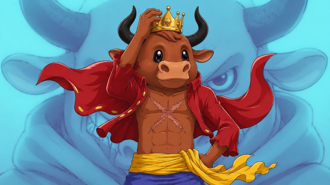 A digital illustration of an anthropomorphic bull character wearing a golden crown, red cape, yellow sash, and blue shorts, adjusting the crown on its head against a blue background featuring a faded bull motif.