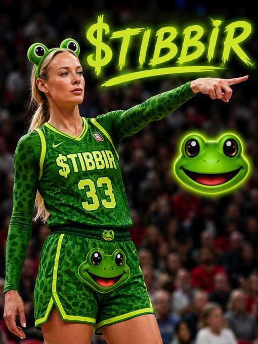 A woman in a green frog-themed basketball uniform with "$TIBBIR 33" on the jersey points confidently, wearing frog eye headband, with neon "$TIBBIR" text and a smiling frog emoji beside her.