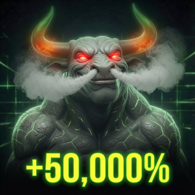 A muscular bull with glowing red eyes, fiery horns, and steam billowing from its nostrils is displayed against a green grid background, with the text "+50,000%" in bright green at the bottom, visually emphasizing the massive gains referenced in the post about the $LEVI ticker.
