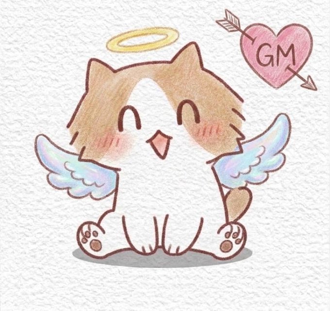 A watercolor illustration of a happy angelic orange-and-white cat with a halo, iridescent wings, and blushing cheeks sits beside a pink heart pierced by an arrow reading "GM." The cute, cheerful kitty perfectly captures the playful "GMIAO CATSSSSS" greeting, combining a sweet "good morning" with an adorable feline.