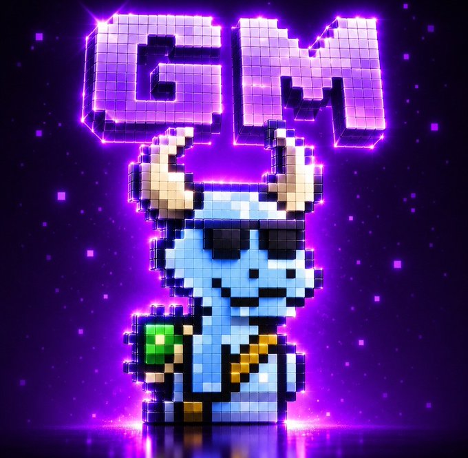 A pixelated, 3D-style illustration of a blue character with sunglasses and a green gem, with the letters 'GM' displayed in large, glowing purple blocks above its head against a starry background.