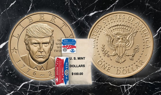 Two gold-colored novelty coins are displayed against a black marble background, featuring Donald Trump's portrait on one side inscribed with "LIBERTY," "IN GOD WE TRUST," and "1776~2," while the reverse shows the U.S. Mint eagle emblem marked "UNITED STATES OF AMERICA" and "ONE DOLLAR." Accompanying packaging labels read "2026 PRESIDENTIAL $1 COIN," "U.S. MINT DOLLARS $100.00," and "PROOF," suggesting a premium commemorative release that plays into the post's satirical observation about the official Trump dollar.