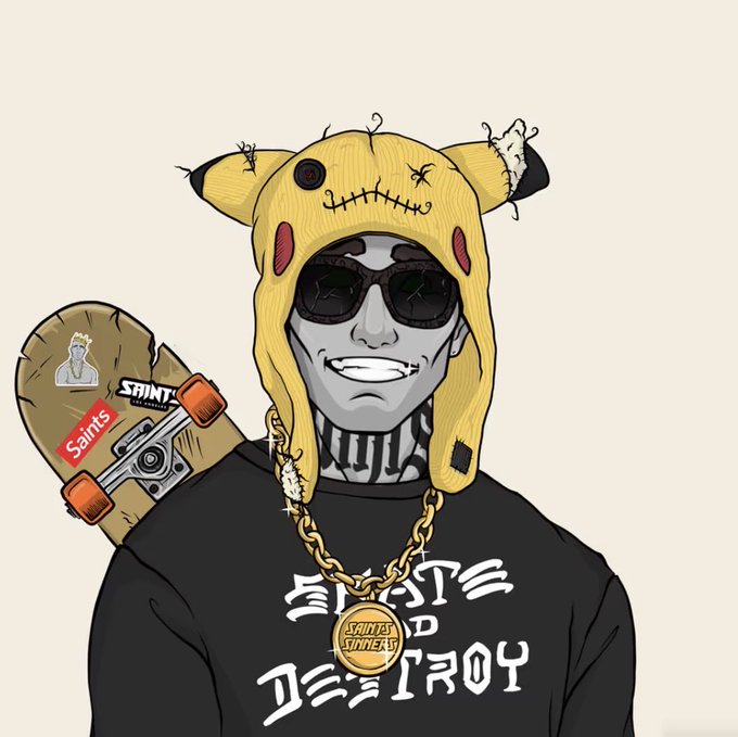 A digital illustration of a cartoon figure wearing sunglasses and a yellow Pikachu-style knit hat, holding a skateboard featuring 'Saints' branding, with a chain necklace reading 'SAINTS AND SINNERS'.