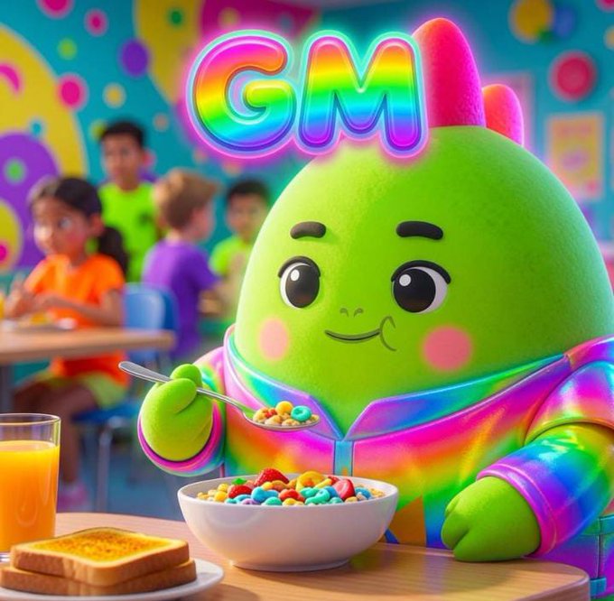 A green cartoon character with "GM" displayed above sits at a table eating colorful cereal from a bowl in a vibrant classroom setting.