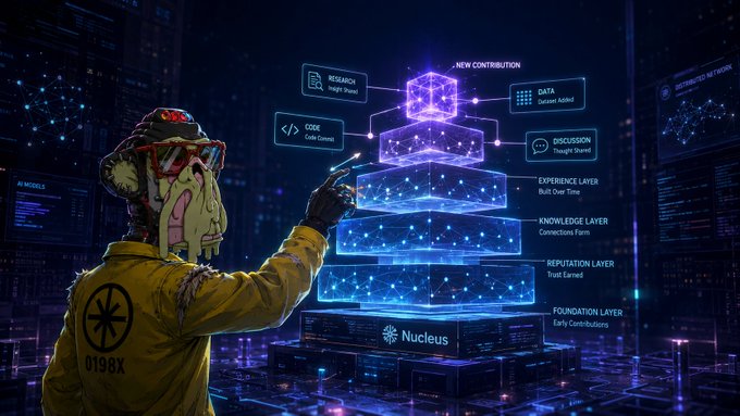 A futuristic illustration shows a figure in a yellow hazmat suit labeled '0198X' interacting with a glowing holographic layered structure labeled 'Nucleus', featuring tiers like 'FOUNDATION LAYER', 'REPUTATION LAYER', and 'EXPERIENCE LAYER'.