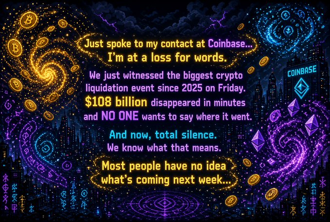 A vibrant, mystical crypto-themed graphic with swirling galaxies of Bitcoin and Ethereum coins, featuring text claiming a contact at Coinbase revealed a $108 billion crypto liquidation event with ominous warnings about what's 'coming next week.'