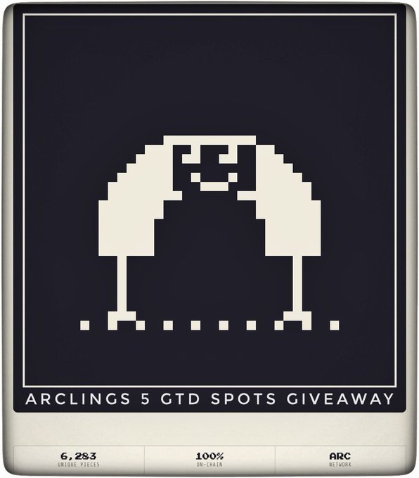A digital poster for 'ARCLINGS 5 GTD SPOTS GIVEAWAY' featuring a pixel-art arch design on a dark blue background, showing 6,283 unique pieces.