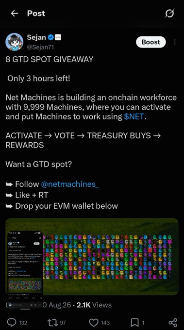 A screenshot of a tweet from "Sejan" (@Sejan71) announcing an "8 GTD SPOT GIVEAWAY" for "Net Machines" involving NFT activation with $NET, showing 2.1K views and an attached image of pixel-art machine characters.