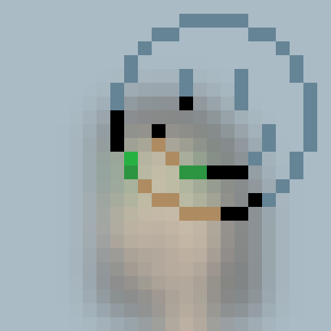 A low-resolution pixel art image depicts a face with green and brown pixelated features reflected in a foggy mirror, against a soft blue background. The hazy, obscured aesthetic visually represents the "Foggy Mirror Selfie" NFT listed on networked.art.