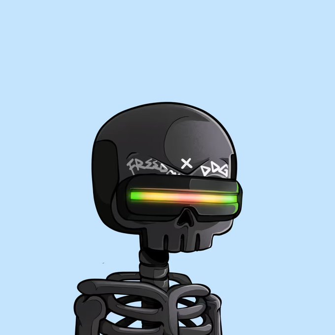 A cartoon-style skeleton character wears a black helmet with graffiti text including 'FREEDOM' and a skull visor displaying a green-yellow-red equalizer bar.
