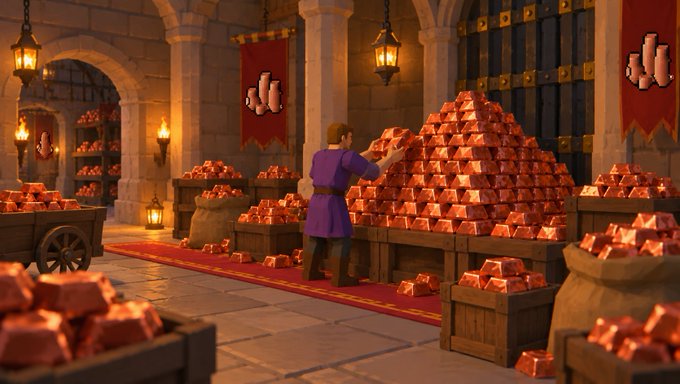 A 3D animated scene of a medieval castle interior where a man in a purple tunic stacks copper ingots into a large pyramid pile.