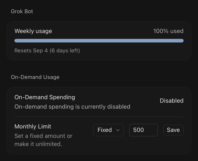 The image shows Grok Bot's usage dashboard, indicating 100% weekly usage with a reset on Sep 4, and an On-Demand Spending setting currently disabled with a proposed Fixed monthly limit of $500. This aligns with the poster's decision to seriously test Grok Bot by allocating $500 in spending to see how long it lasts, while removing other bots.