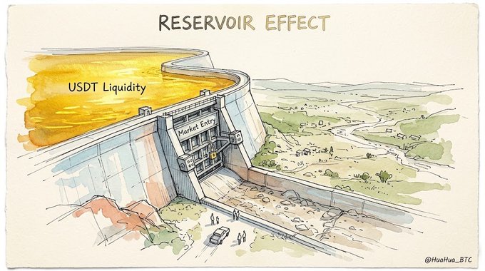 A watercolor illustration titled 'RESERVOIR EFFECT' depicting a massive dam holding back 'USDT Liquidity' with a 'Market Entry' gate, signed '@HuoHua_BTC'.