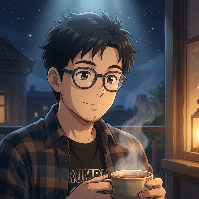 An anime-style illustration of a young man with glasses and messy dark hair holding a steaming cup of tea, wearing a plaid shirt over a 'RUMBLE' t-shirt, set against a starry night sky.