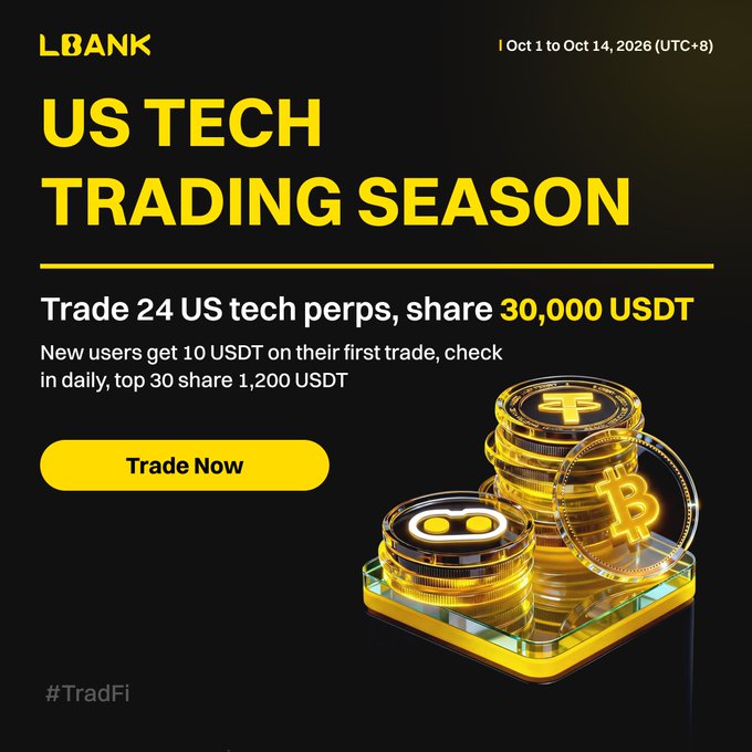 A yellow and black LBank advertisement promoting their "US Tech Trading Season" from Oct 1 to Oct 14, 2026, offering users a chance to trade 24 US tech perpetuals and share in a 30,000 USDT prize pool, with new users receiving a 10 USDT first-trade bonus and top 30 daily check-ins earning 1,200 USDT. The image features stacked golden cryptocurrency coins and calls users to action with a "Trade Now" button, complementing the post's mention of popular tech stocks like $NVDA, $AMD, $TSLA, $AAPL, and $AMZN available for trading.