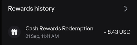 A rewards history notification shows a 'Cash Rewards Redemption' of -8.43 USD dated 21 Sep, 11:41 AM.