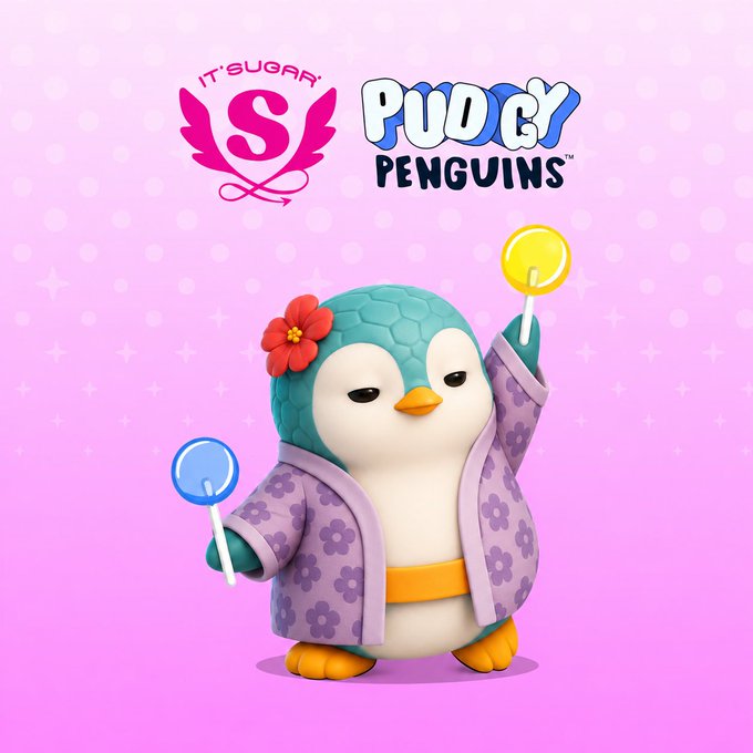 The image features a cute little penguin, dressed up in a purple coat with yellow flowers, holding two blue lollipops while standing next to a pink background. The surrounding text is related to an advertisement for 'Puddly Penguins'. It indicates that Pudgy has been recently added to the '100B+ GIPHY' collection and is still available as an expansion item. However, it states that there are no plans for a $10K price tag at this time due to slow demand.