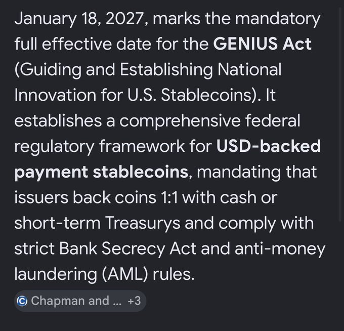 A dark-mode text post explaining that January 18, 2027 is the mandatory effective date for the GENIUS Act, which creates a federal regulatory framework for USD-backed payment stablecoins requiring 1:1 cash/Treasury backing and AML compliance.
