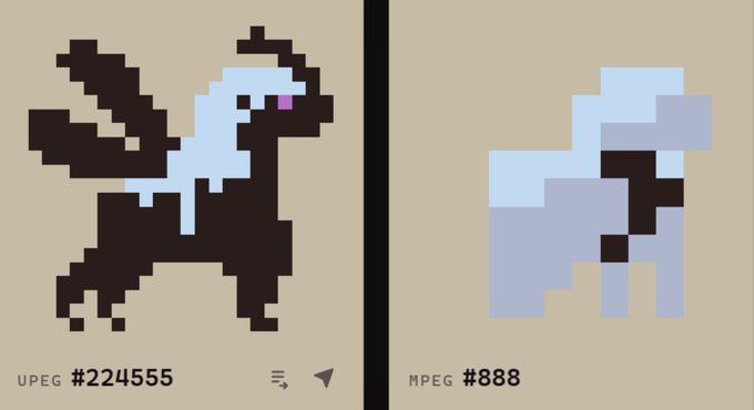 Two pixel-art horse sprites displayed side-by-side in a split format: a Pegasus on the left labeled "UPEG #224555" (dark-winged with blue body and purple eye) and a Minecraft-style horse on the right labeled "MPEG #888" (light blue body with darker markings), both shown against tan backgrounds.

The image appears unrelated to the accompanying Ethereum price recovery post, though the horse imagery may metaphorically represent the "bullish" climbing momentum being described.