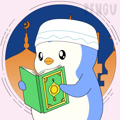 The image features a cartoon penguin wearing a white headscarf and holding a green book with gold trim. The penguin appears to be reading or studying the book while standing inside a circle, which could represent a mosque or a religious setting. The background of the image is filled with various buildings, including a mosque with a tall minaret that reaches towards the sky. The overall scene conveys a sense of learning and exploration as the penguin delves into its studies within this religious context.