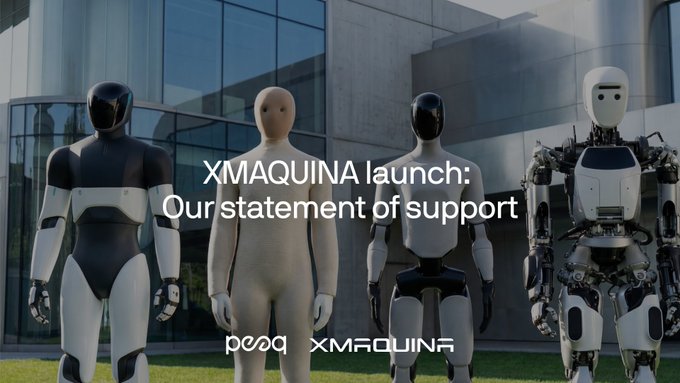 The image features four robot statues standing next to each other, with a banner above them that reads "XmQuina launch: Our statement of support". The text "PEAQ holders had the earliest access to $DEUS via its first Genesis Auction" is also present in the image.