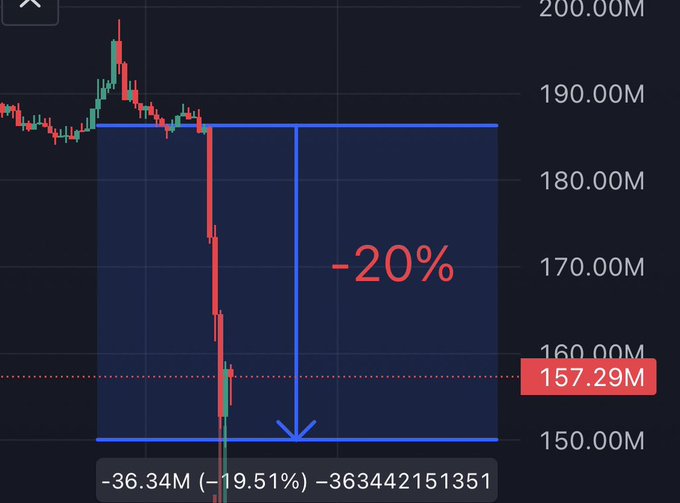 A crypto price chart shows a steep -20% drop in 30 minutes, with the current price at $157.29M and a trade of -36.34M (-19.51%) at timestamp 363442151351, illustrating the crash caused by a top holder selling millions of dollars worth of $ANSEM.
