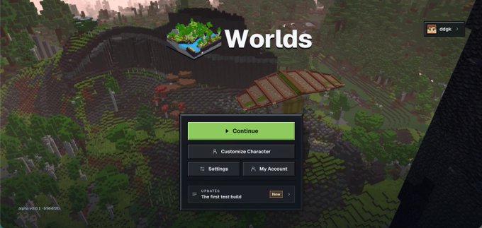 A Minecraft-style game titled "Worlds" shows a menu screen with a Minecraft world in the background and buttons for "Continue," "Customize Character," "Settings," and "My Account," along with version info "v0.0.1.3 | H3G6T2B."