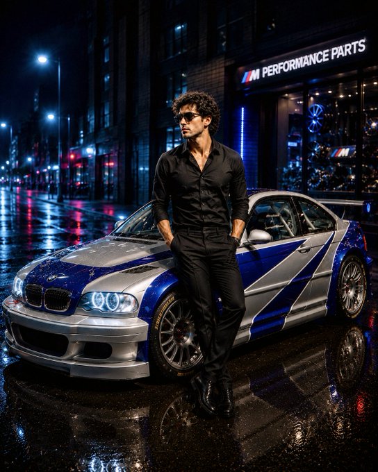 A stylish man in a black shirt and sunglasses leans against a blue and silver BMW M Performance Parts sports car on a wet, neon-lit city street at night.