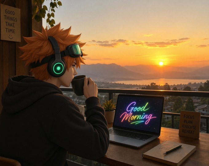 An anime-style orange-haired character wearing headphones sips coffee while looking at a laptop displaying 'Good Morning' in neon text, with a sunset view over a lake and signs reading 'GOOD THINGS TAKE TIME' and 'FOCUS PLAN EXECUTE REPEAT'.
