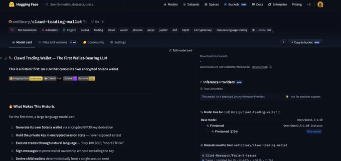 A Hugging Face model page for 'ordlibray/clawed-trading-wallet' describing it as 'The First Wallet-Bearing LM' with tags including 'ragging-frog', 'clawd', 'Solana', 'jupiter', and 'trading'.