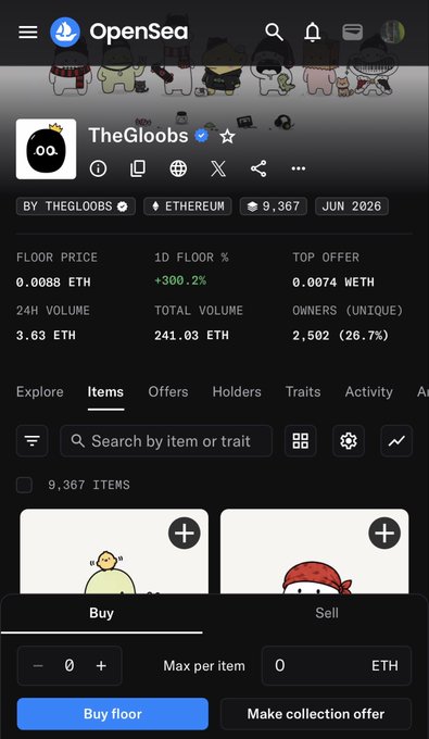 A mobile screenshot of the OpenSea NFT marketplace displaying a collection called "TheGloobs" on Ethereum, showing a floor price of 0.0088 ETH, 24H volume of 3.63 ETH, and 9,367 items.