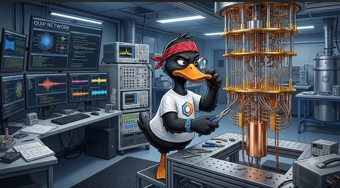 An anthropomorphic duck wearing a red bandana and white shirt holds pliers in a high-tech lab, working on a large golden quantum computing tower while surrounded by monitors displaying waveforms, data visualizations, and the text "QUIP NETWORK." The image illustrates the post's message about @quipnetwork tackling infrastructure maintenance on a weekend, personifying their hands-on approach to decentralized computing development.