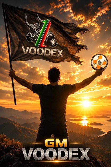 A silhouetted figure holds a 'VOODEX' flag and a coin against a sunset landscape, with 'GM VOODEX' displayed in metallic lettering at the bottom.