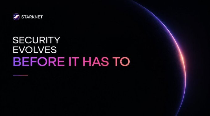 A starknet graphic featuring a dark space scene and glowing planet edge with the slogan “SECURITY EVOLVES BEFORE IT HAS TO.”