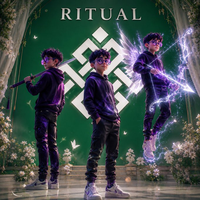 The image shows a stylized artwork titled "RITUAL" featuring three poses of a young boy in a dark purple hoodie and glasses, with one pose depicting him as an angelic archer with glowing wings and a magical bow. This aligns with the post's promotion of @ritualnet and the "gRitual" pledge, using the spiritual "cleansing of sins" concept to frame a crypto project as a transformative ritual.